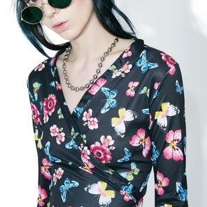Long sleeve wrap crop top with butterflies